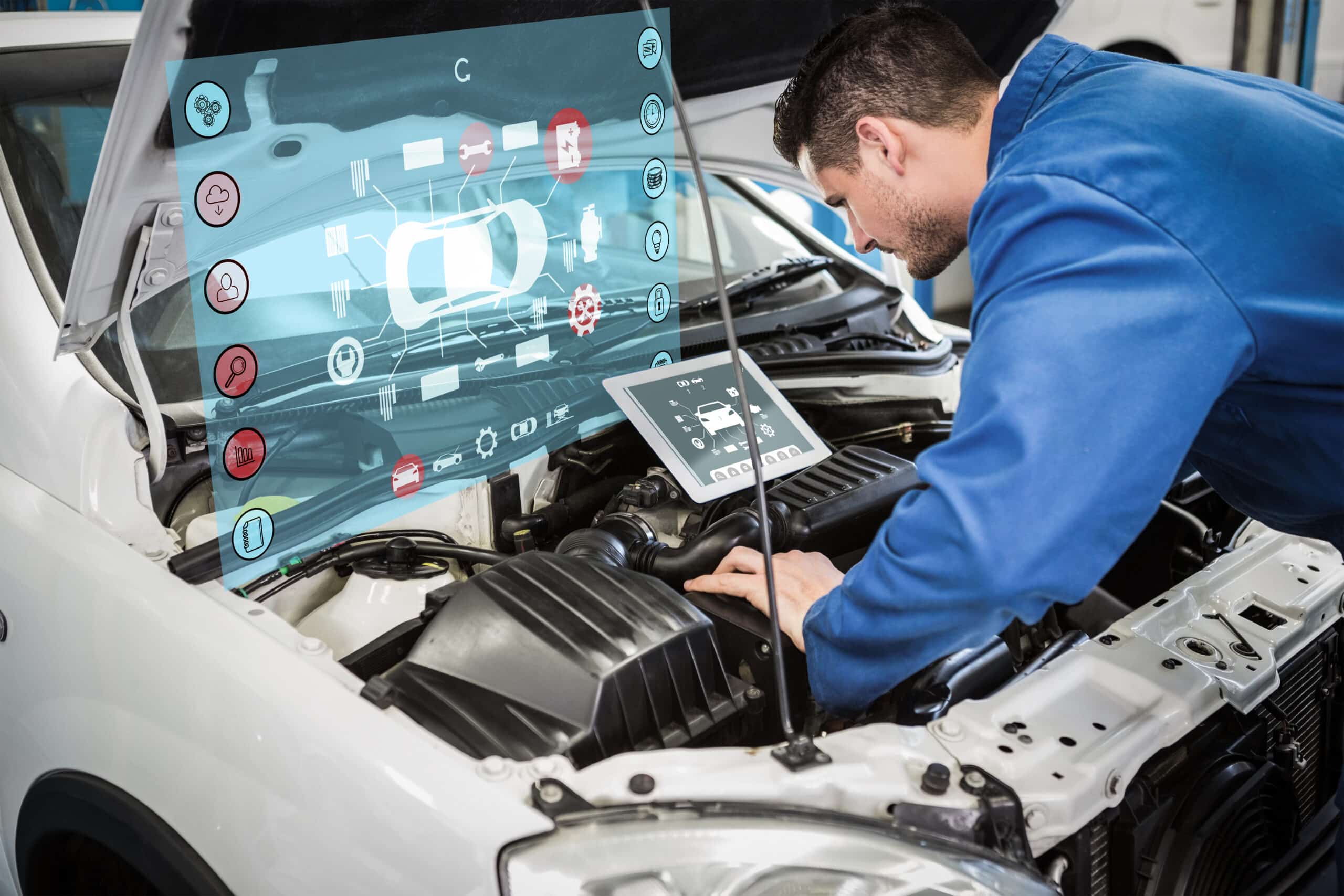 Kfz-Techniker diagnostiziert Fahrzeugsteuerung mit Tablet und digitaler Fahrzeuganalyse – Automatisierungsprojekt Nobo Automotive